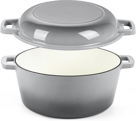 5Qt Dutch Oven Pot for Bread Baking (Gray), 2 in 1 round Cast Iron Dutch Oven with Lid Set, Skillet & Pot for Roasting Braising Stewing Frying Simmering, Multi Stoves & Oven Safe