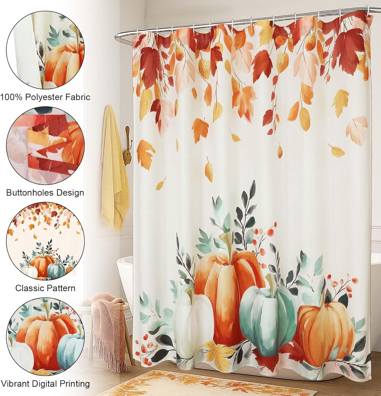 Fall Thanksgiving Shower Curtain, Waterproof Printed Harvest Autumn Floral Pumpkin Bathroom Curtain Decor, Farmhouse Halloween Shower Curtains for Bathroom, 72X72 Inch