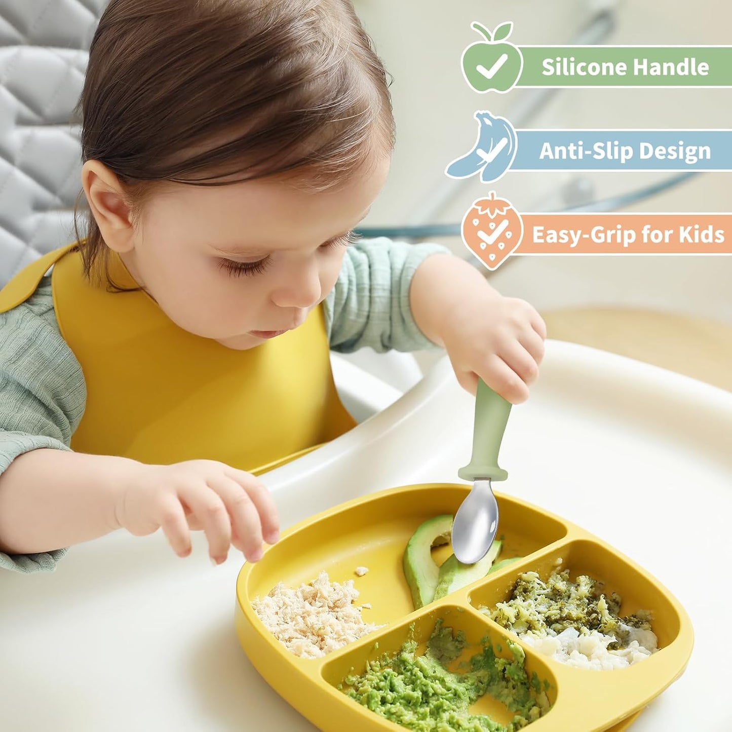 Toddler Utensils Set - 8-Piece Kids Silverware Set with Silicone Handles, Safe 18/8 Stainless Steel Forks and Spoons, Anti-Choke Design, Food Grade, Dishwasher Safe
