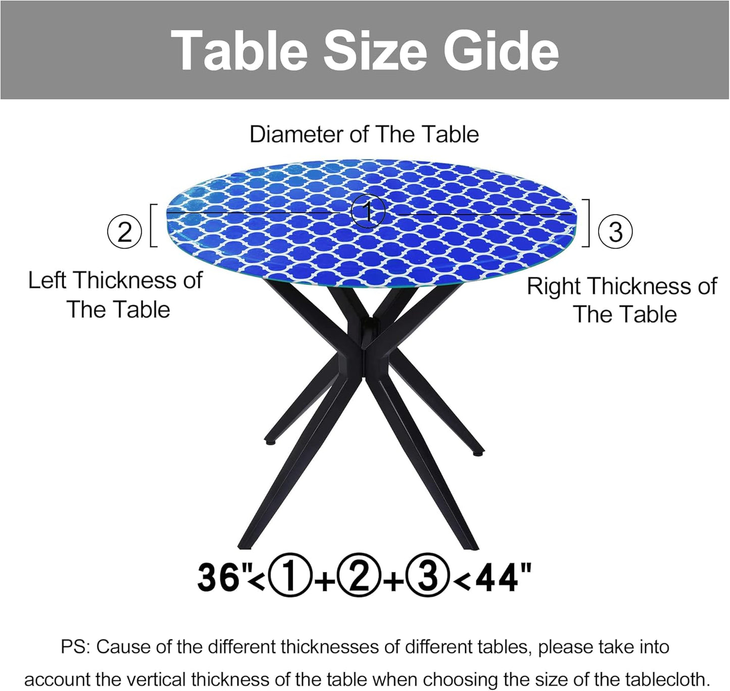 round Picnic Tablecloth, Waterproof Elastic Fitted Table Covers for 36" - 44" Tables, Wipeable Flannel Backed Vinyl Tablecloths for Camping, Indoor, Outdoor, Blue & White