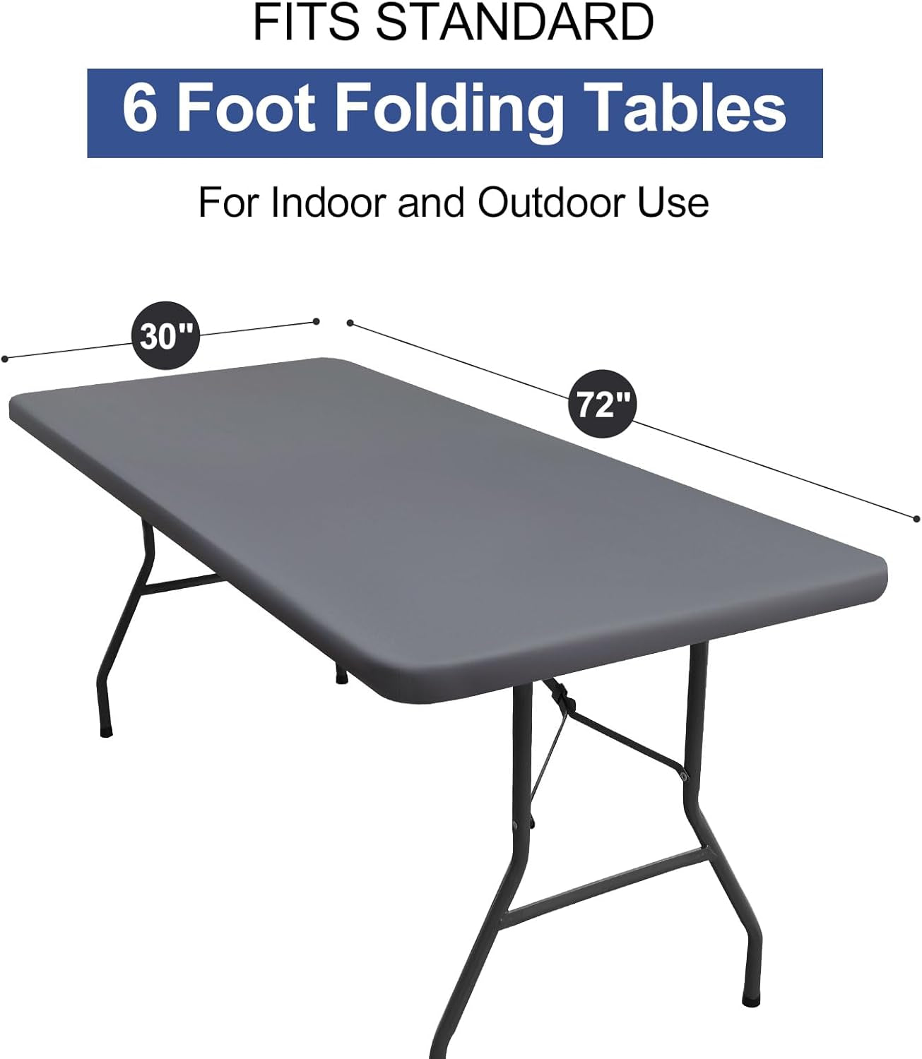 2 Pack 6 Foot Rectangle Elastic Fitted Tablecloth, Waterproof Fabric Table Cover, Washable Polyester Table Cloth for Picnic, Camping, Outdoor (Grey, 30" X 72")