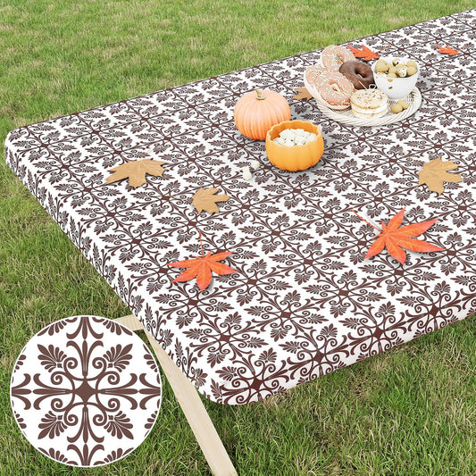 Rectangle Vinyl Table Cloth, Elastic Fitted Flannel Backed Tablecloth, 100% Waterproof Plastic Table Cover Fits 6 Foot Folding Tables for Picnic, Camping, Outdoor (Coffee, 30" X 72")