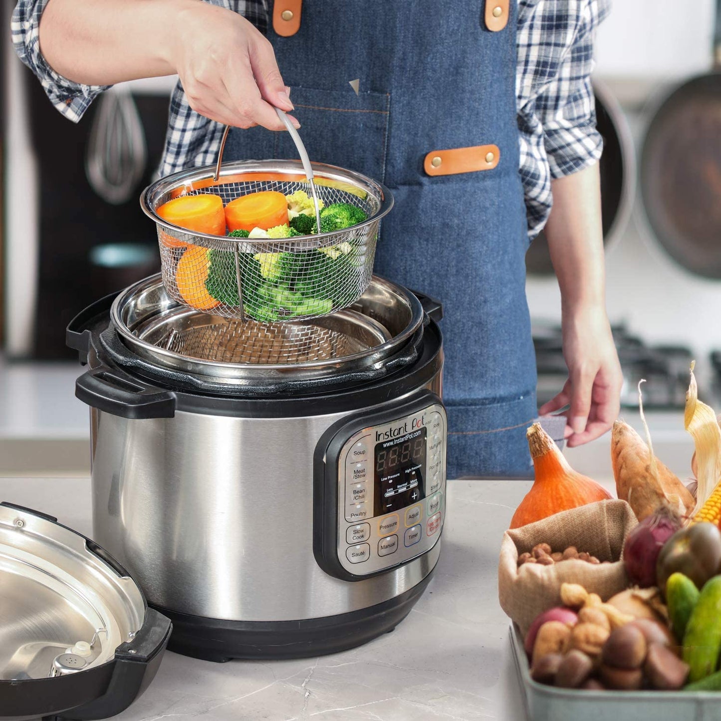 Steamer Basket for Instant Pot Accessories 6 Qt or 8 Quart - 2 Tier Stackable 18/8 Stainless Steel Mesh - Silicone Handle - Vegetable Steamer Insert, Egg Basket, Pasta Strainer,Silver