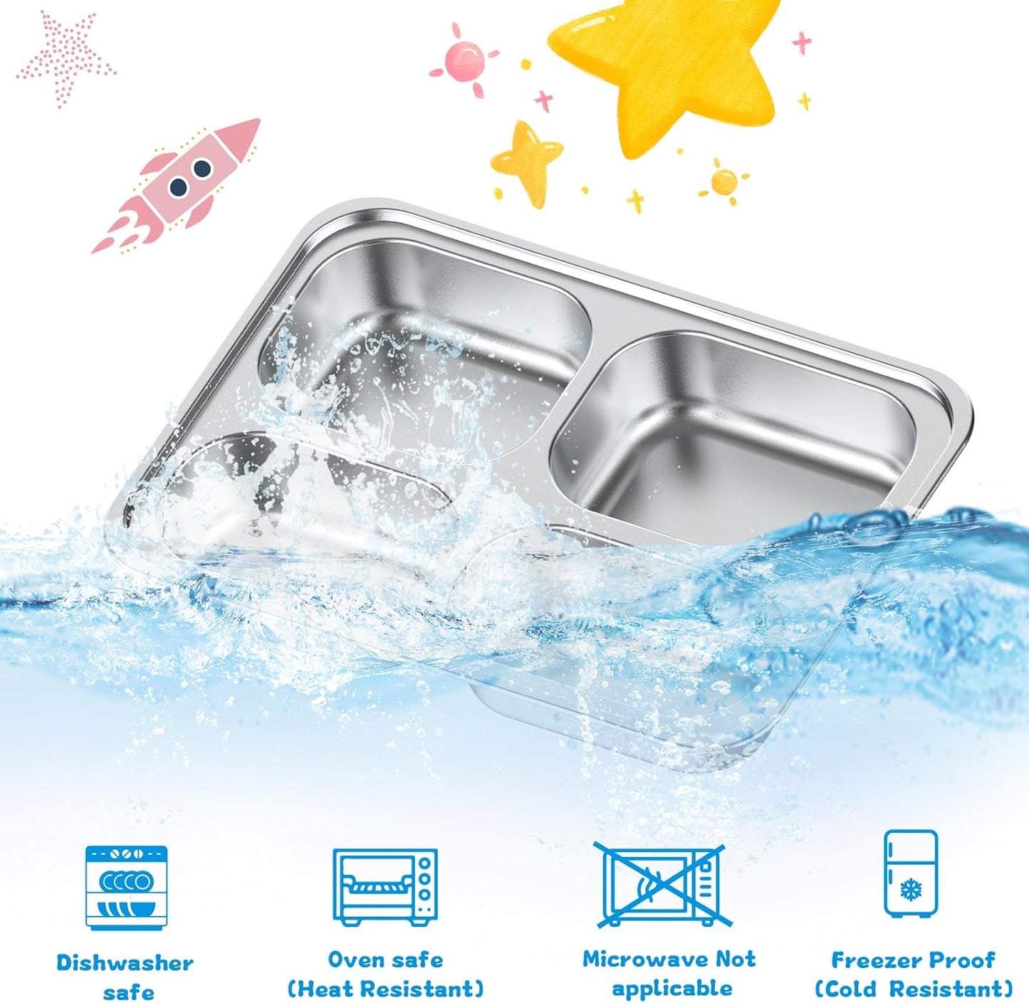 Stainless Steel Divided Plate for Kids Toddler, Non Toxic Portion Control Plate Dinner Plate with Lid for Adults Weight Loss, 4 Pack 4 Sections Rectangular Snack Plate Tray