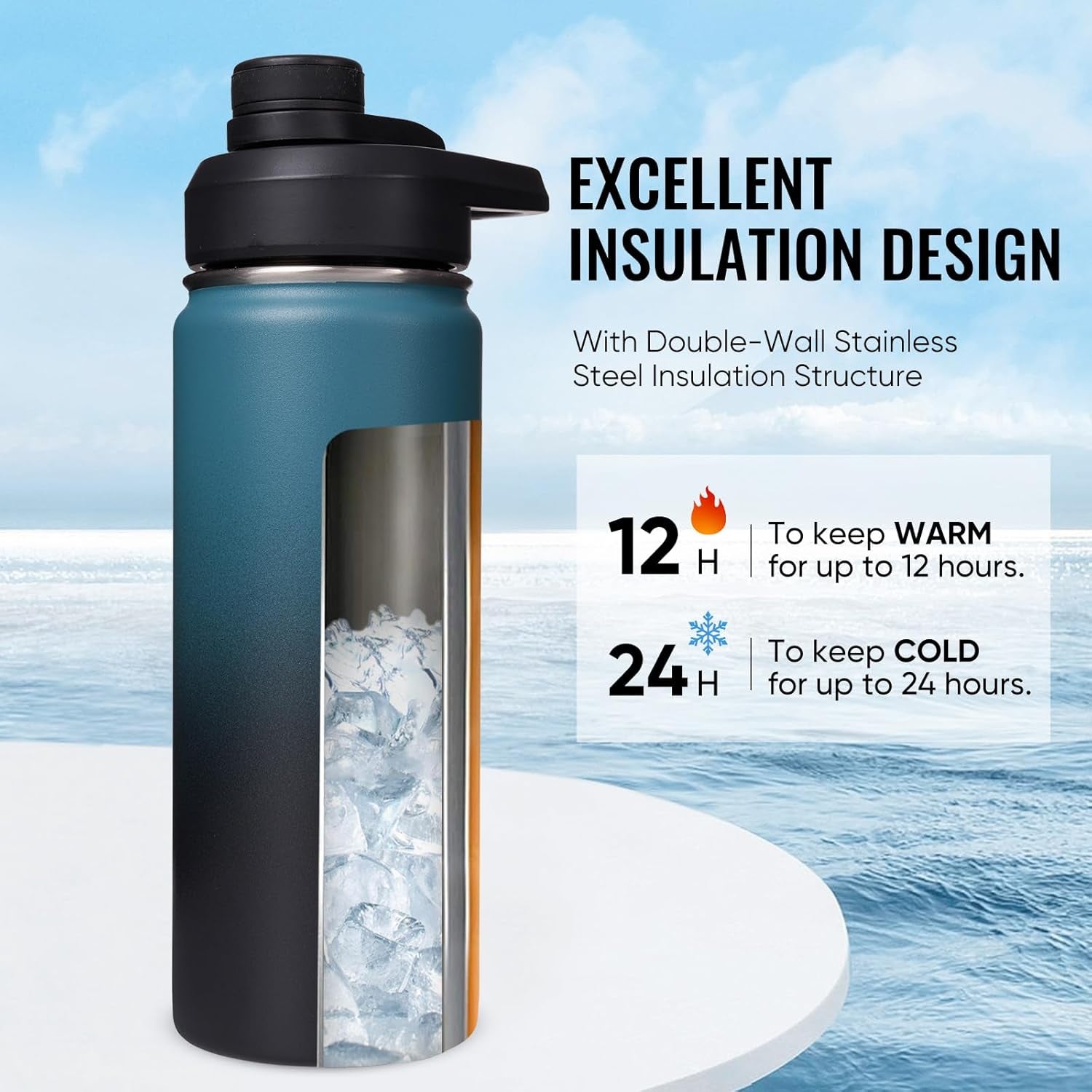 18 Oz Insulated Water Bottle with Handle, 304 Stainless Steel Water Bottles with Wide Mouth, Double Wall Vacuum Sports Water Bottle, BPA Free, Keep Cold and Hot, Blue&Black