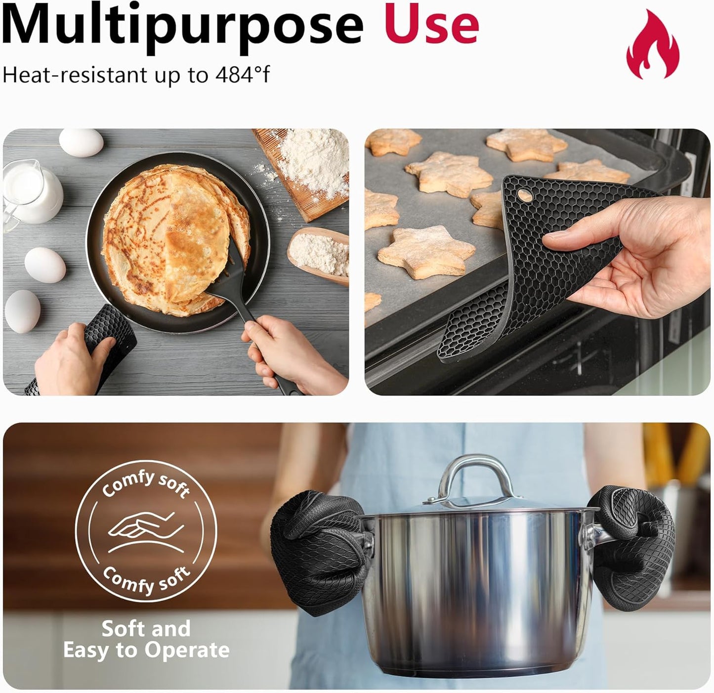 Extra Long Silicone Oven Mitts with Pot Holders with Soft Cotton Lining Non-Slip Textured Grip, Heat and Slip Resistant Oven Mitts with Pot Holders for Baking, Cooking, Black
