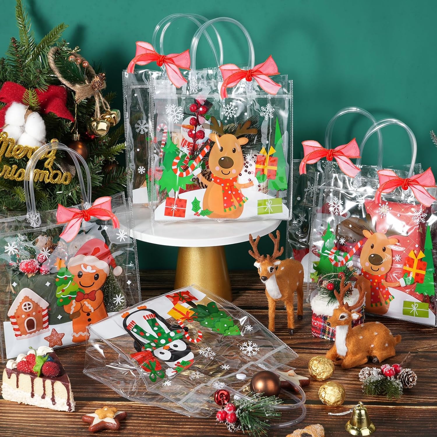 24Pcs Christmas Clear Gift Bags Plastic Totes Bags with Handles Bow Ribbon for Candy Treat Goodie and Party Favors Elk Snowman Santa Gift Bags for Christmas Decorations, 7.8 * 7.8 * 3.15 Inch