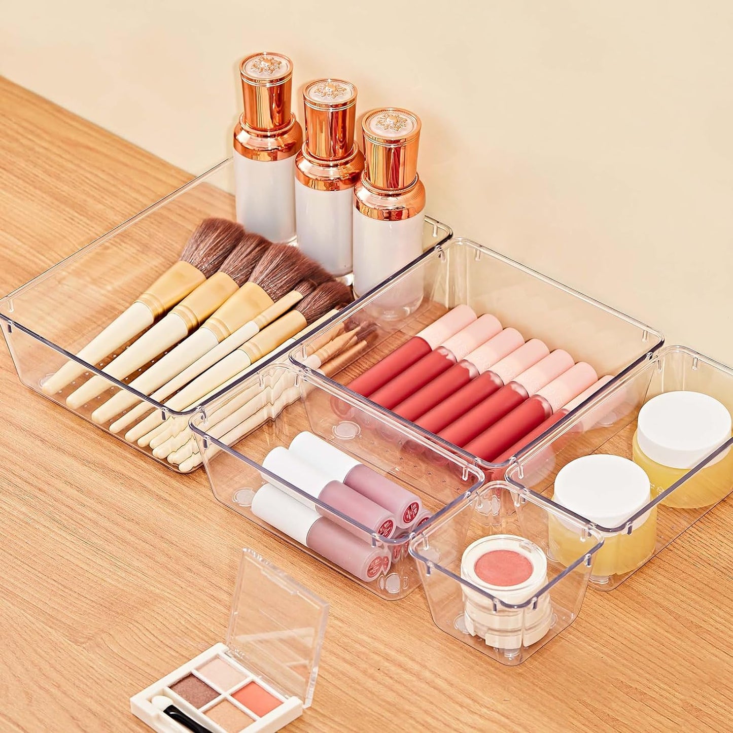 13-Piece Drawer Organizers with Non-Slip Silicone Pads, 5-Size Desk Bathroom Drawer Organizer Trays Storage Tray for Makeup, Jewelries, Utensils in Bedroom Dresser, Office and Kitchen, Clear