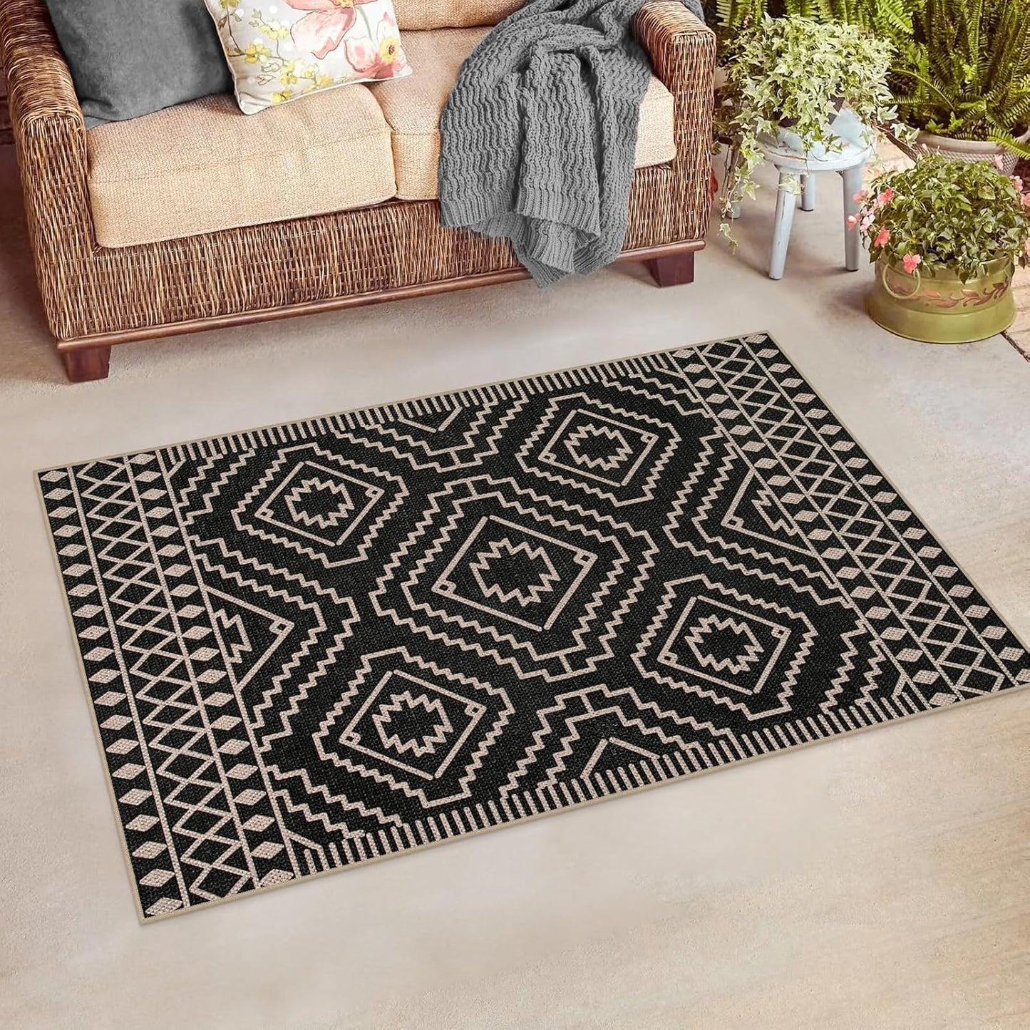 Moroccan Easy Jute Carpet, 3X5 Indoor Outdoor Entryway Patio Rug 3X5 Farmhouse Black Washable Living Room Rug, Non Slip Indoor Outdoor Carpet for Patio Courtyard Deck