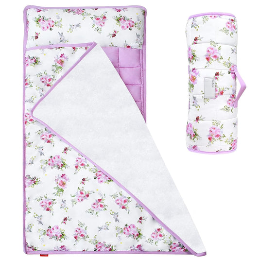 Toddler Nap Mat for Girls Floral, Kids Sleeping Mat with Fleece Blanket, Lightweight Perfect for Kids Preschool, Daycare, Travel Sleeping Bag, Fit Standard Cot