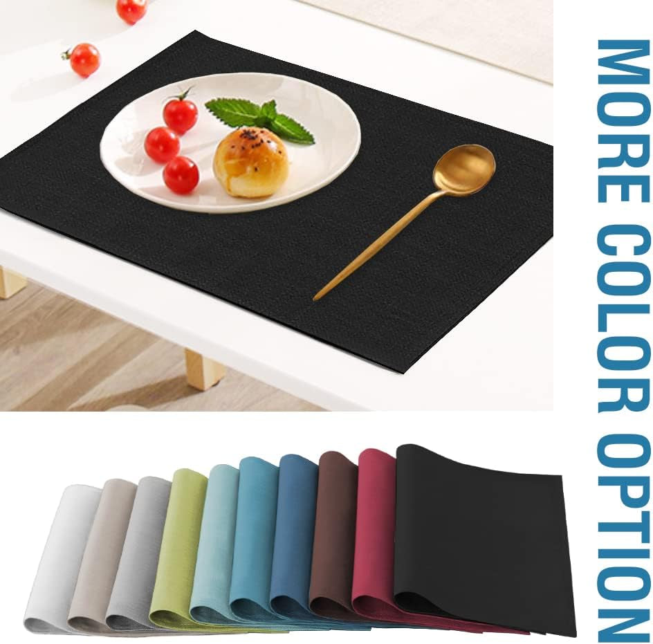 Linen Placemats Set of 4 Premium Solid Table Placemats for Dining Table Spill-Proof Waterproof Table Mats Heat-Resistant Kitchen Table Mats Washable, 12X18 Inches, Black