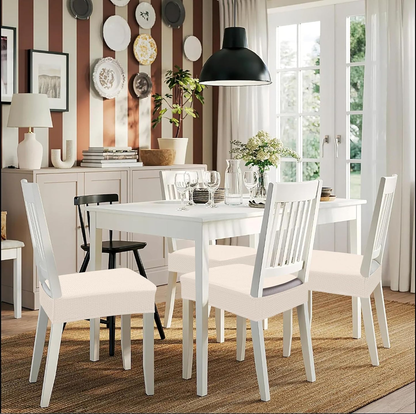 Stretch Jacquard Seat Covers for Dining Room Chairs Set of 2, Removable Washable Chair Seat Protector Slipcovers, No Rear Covers, Beige
