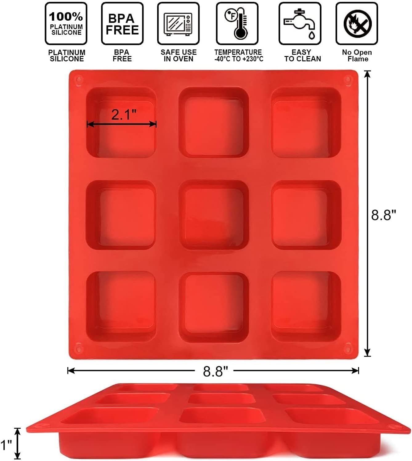 Silicone Brownie Pan, 9-Cavity Non-Stick Square Baking Pan, Perfect for Brownies, Cornbread, Muffin and Cakes, BPA Free and Dishwasher Safe