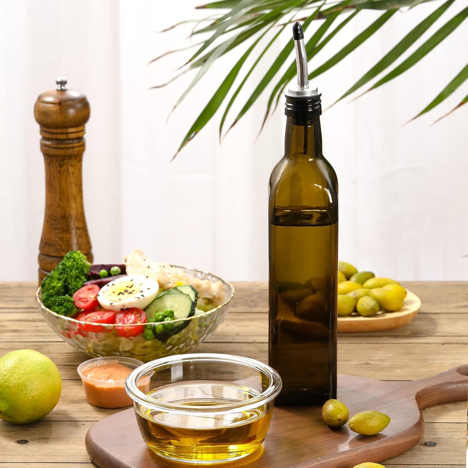 17Oz Glass Olive Oil Dispenser - Oil and Vinegar Cruet Bottle with Stainless Steel Pourers - Funnel for Easy Refill - Olive Carafe Decanter for Kitchen