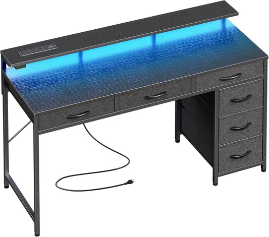 Professional Gaming Desk with 6 Drawers, LED Lighting, Power Outlets, and Type-C Connectivity, 47-Inch Office Desk with Storage and Monitor Stand for Home Office, Bedroom, and Study, Black