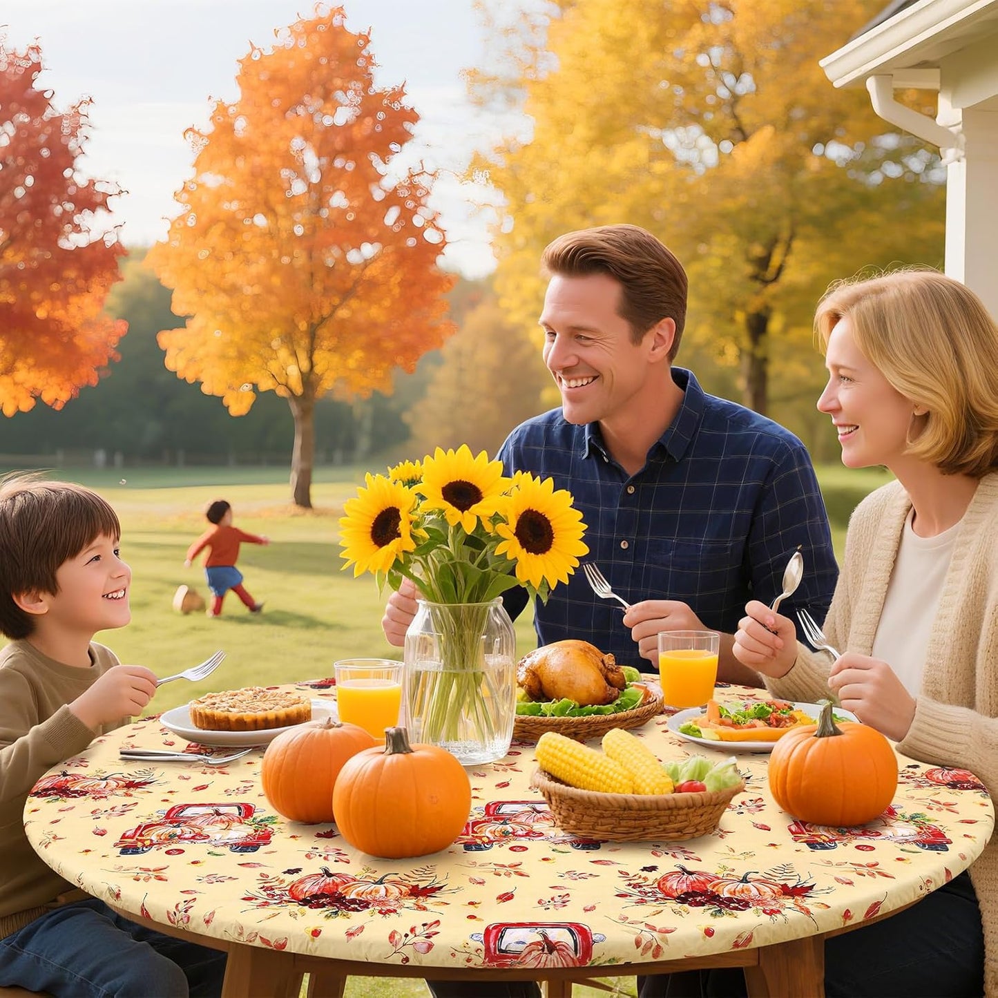 round Fitted Tablecloth with Elastic Edge, 100% Waterproof Oil Proof Plastic Table Cover, Vinyl Flannel Backed Tablecloth Fits 36"-44" round Tables for Fall, Thanksgiving, Pumpkin Truck