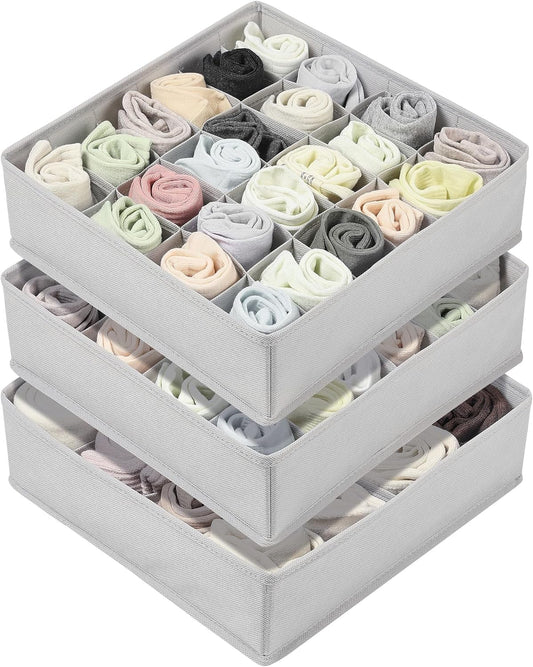 3 Pack 24+24+16 Cells Socks Drawer Organizers Set, 64 Cells Clothes Drawer Dividers Dresser Organizers Bins, Scarves, Ties, Non-Woven Fabric Storage Boxes for Closet, Nursery