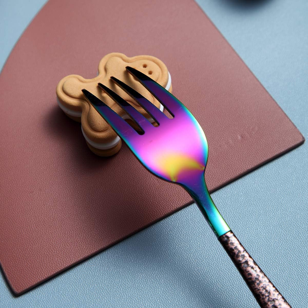 Set of 4 Stainless Steel Dinner Forks with Moon Surface Handle and Rainbow Finish, Dishwasher Safe Silverware