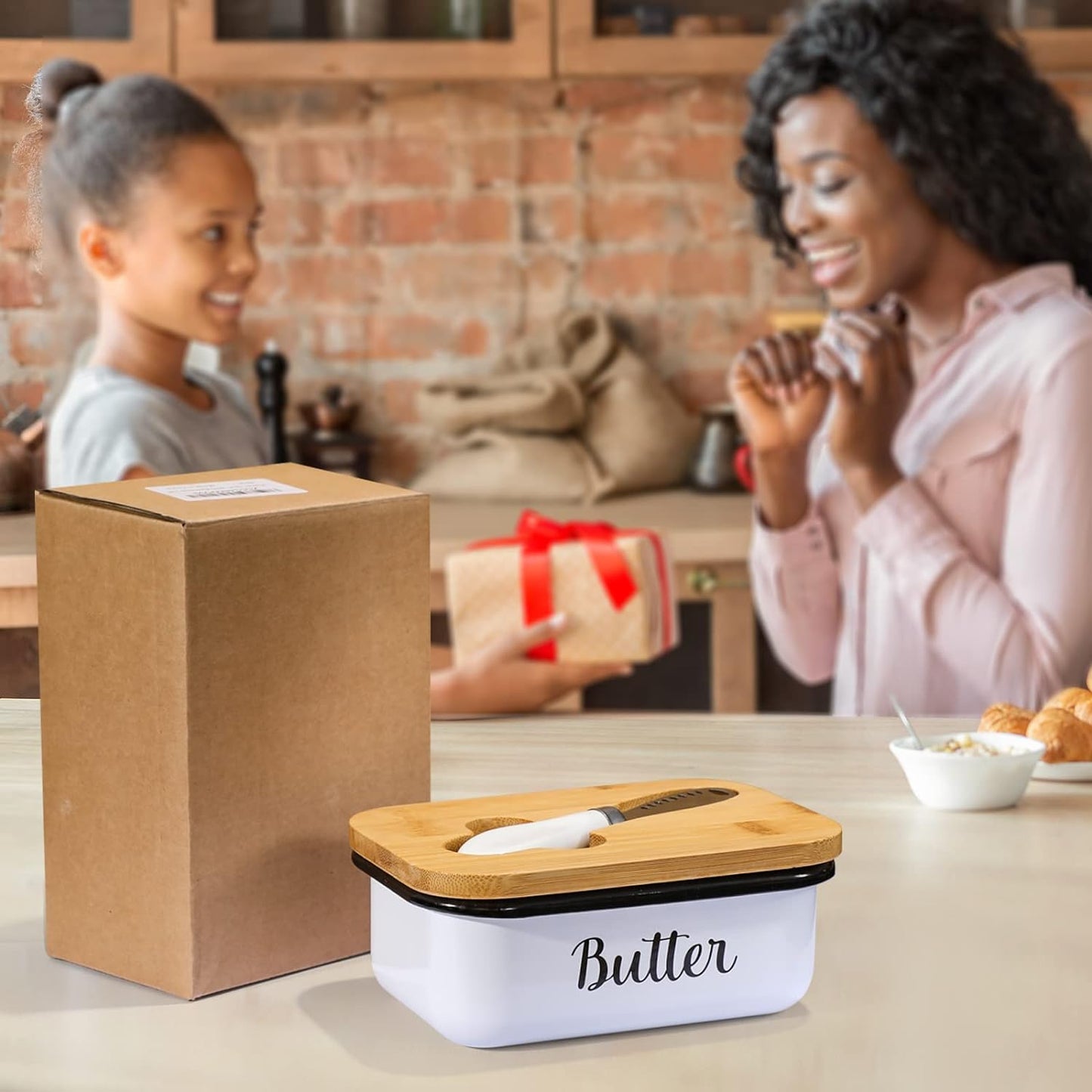 Butter Dish with Lid and Butter Curler Knife - Unbreakable Stainless Steel Keeper Container with Double Silicone Sealing, for Kitchen Farmhouse Decor