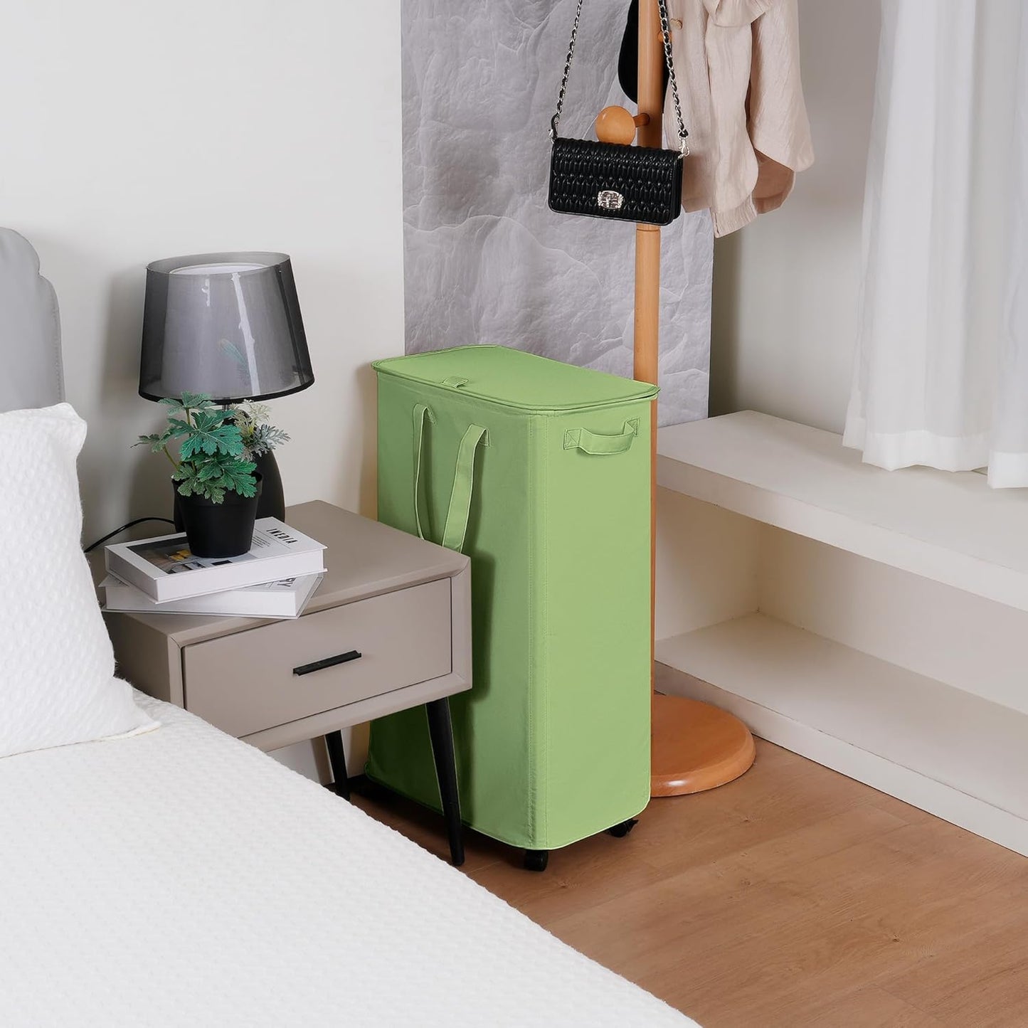 Slim Laundry Hamper with Lid and Wheels, Small Rolling Laundry Basket with Handle for Small Spaces, Tall Dirty Clothes Hampers for Dorm, Bathroom and Bedroom, 75L Sage Green