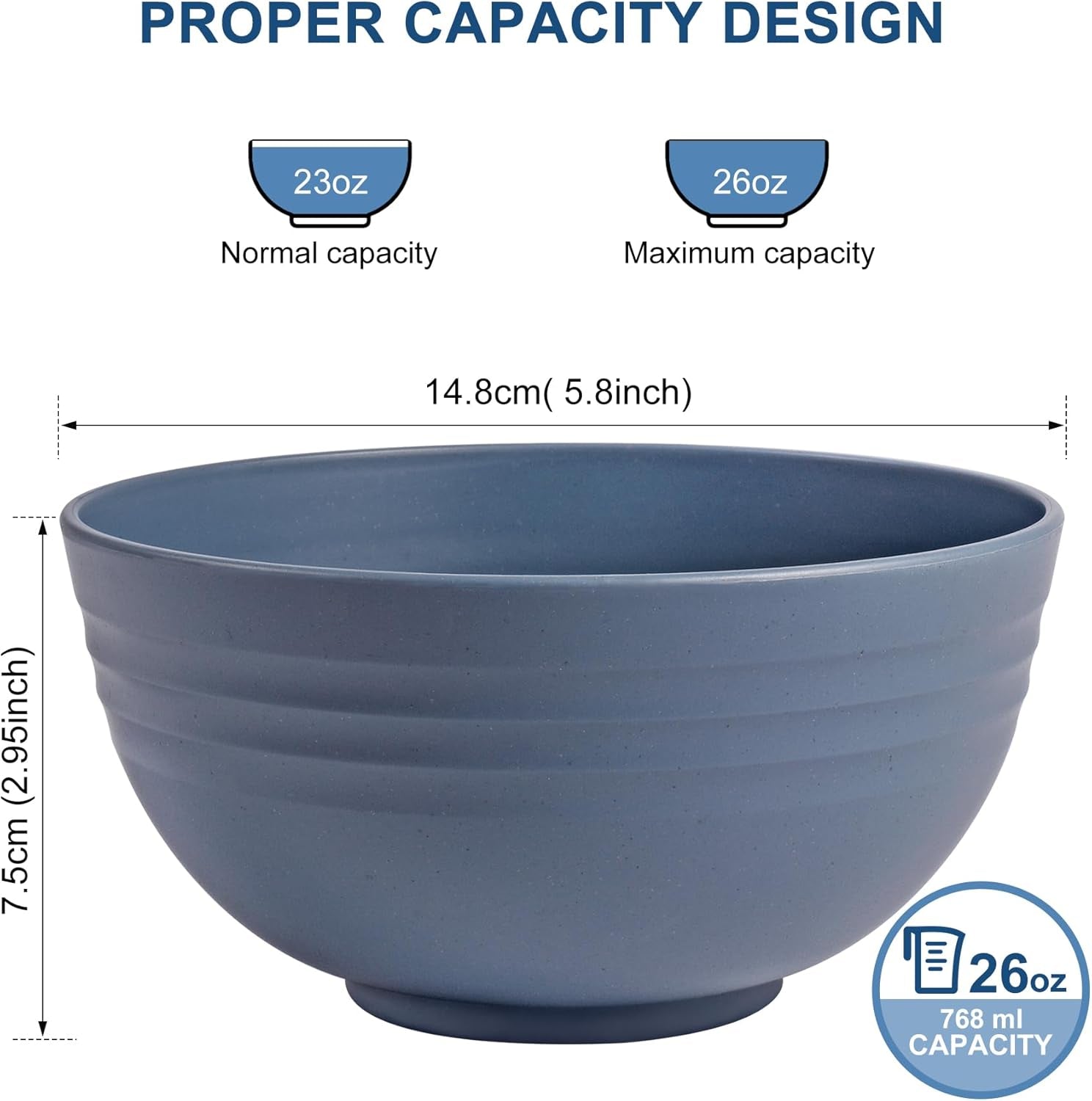 BPA Free Unbreakable Wheat Straw Cereal Bowls - Microwave & Dishwasher Safe Soup and Salad Bowls, Set of 8, 26Oz, Classic Blue