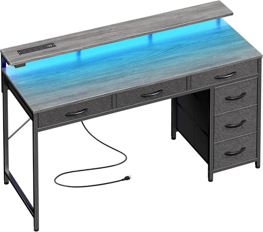 Professional Gaming Desk with 6 Drawers, LED Lights, Power Outlets, and Type-C Connectivity, 47-Inch Office Desk with Storage and Monitor Stand for Home Office, Bedroom, and Study - Grey