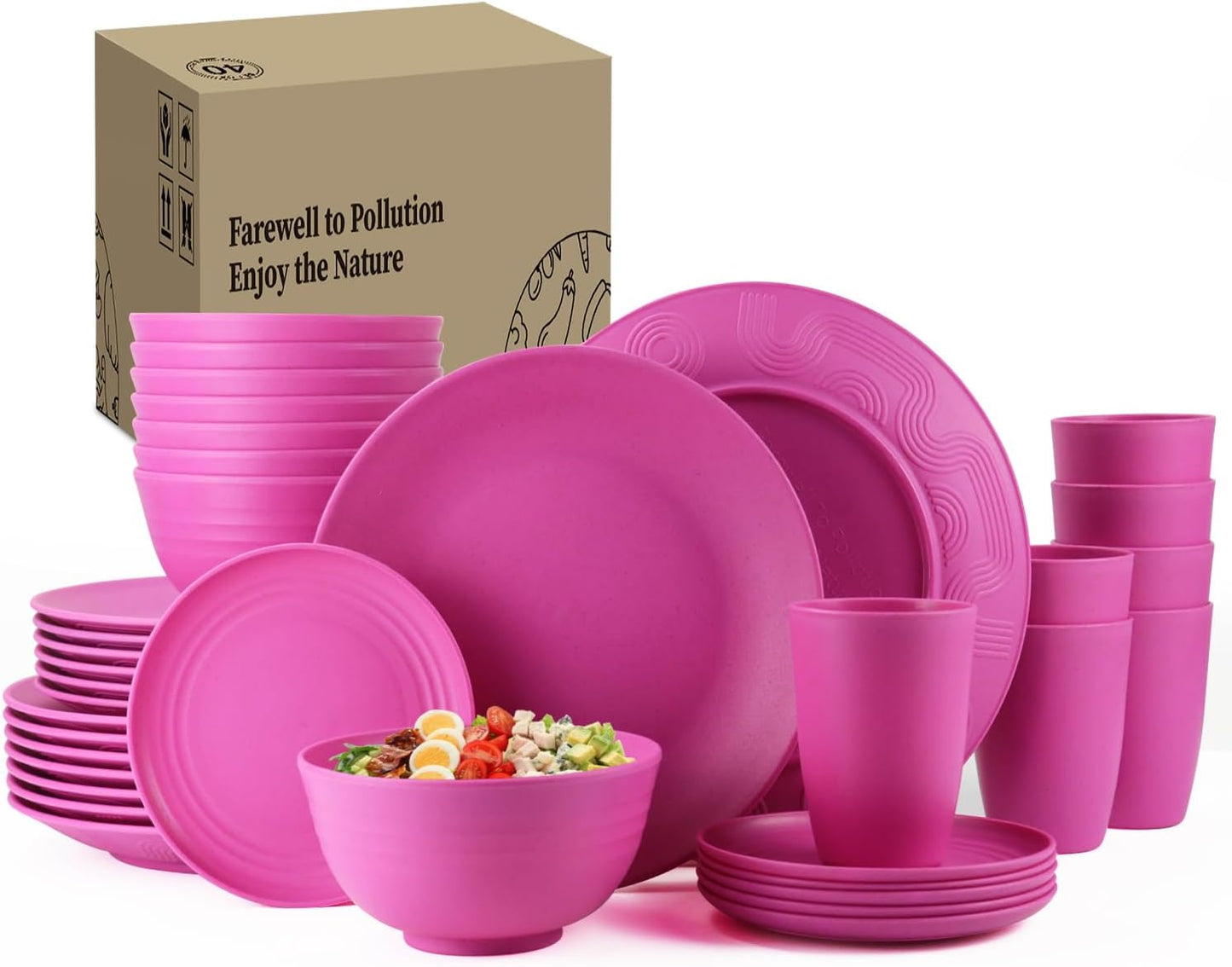 40-Piece Wheat Straw Dinnerware Set for 8 - Unbreakable Plastic Plates, Bowls, and Cups in Pink, Ideal for Outdoor Camping and Dining