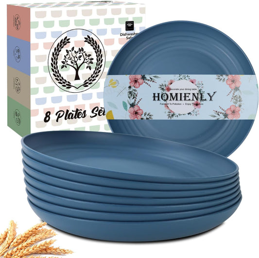 Wheat Straw Dinner Plates - Set of 8 Durable, Dishwasher and Microwave Safe Children's Plates (Blue) - 9 Inch Size