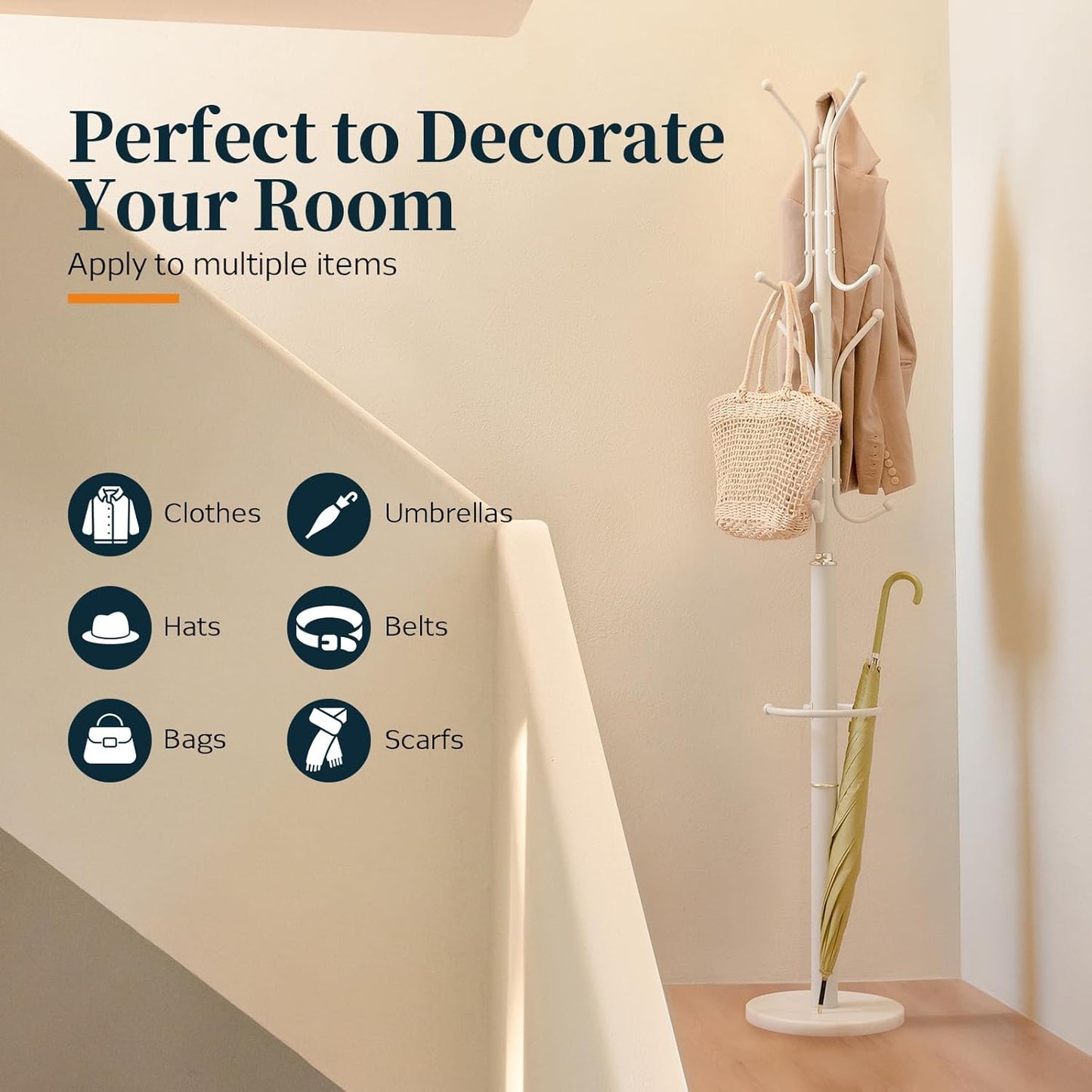 Metal Coat Rack Freestanding with Marble Base, Coat Tree with 12 Hooks & Umbrella Holder, Coat Hanger Stand for Corner Entryway Bedroom Office, Heavy Duty Coat Rack Stand for Clothes Hats Bags