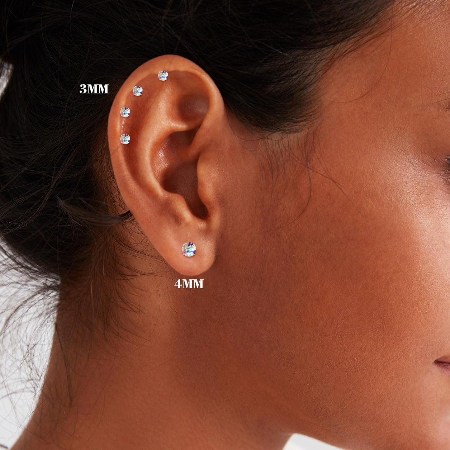 Flat Back Earrings 4Mm Stud Earrings for Women, Cubic Zirconia Stud Earrings Hypoallergenic Spiral Ear Cartilage Earlobe Silver Earrings (4Mm)