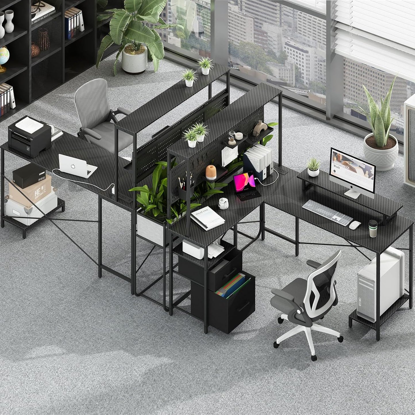 L Shaped Gaming Desk with Pegboard, Reversible Computer Desk with LED Lights & Power Outlets, Drawers & Storage Shelves, Home Office Desks