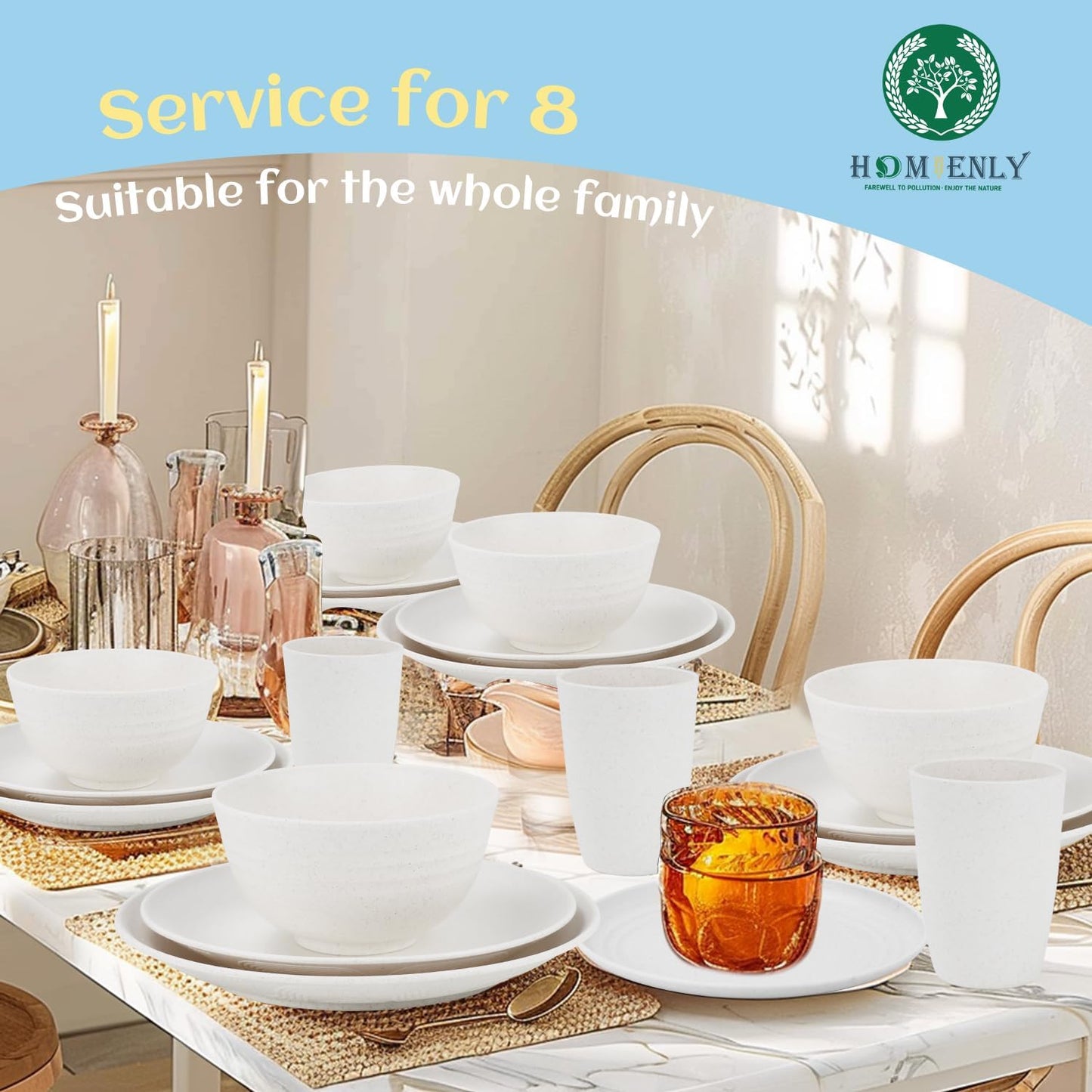 Wheat Straw 40-Piece Dinnerware Set for 8 - Includes Dinner Plates, Dessert Plates, Cereal Bowls, Cups, and Appetizer Plates - Reusable White Dish Set for Kids and Adults
