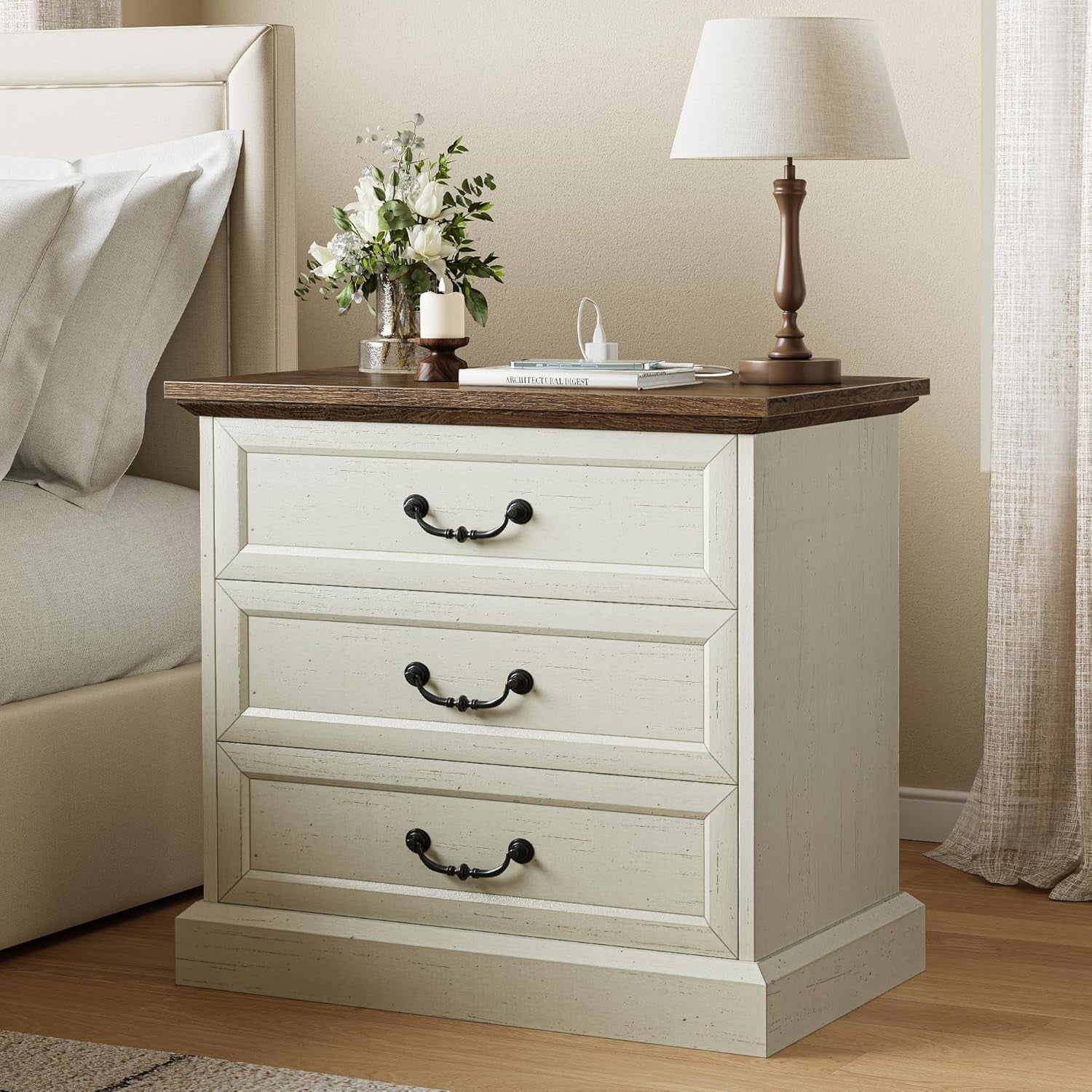 Farmhouse Nightstand Set of 2 with Charging Station and Vintage Handles, 22-Inch Wide Storage Side Table in Distressed White