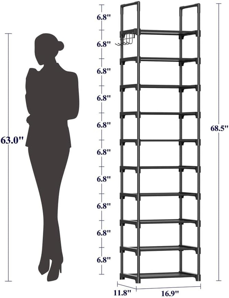 Shoe Rack - 10-Tier Shoe Organizer with Detachable Fabric Shelves & Metal Frame, Tall Shoe Rack for Closet, Entrance, Living Room, 16.9" X 11.8" X 68.5", Black