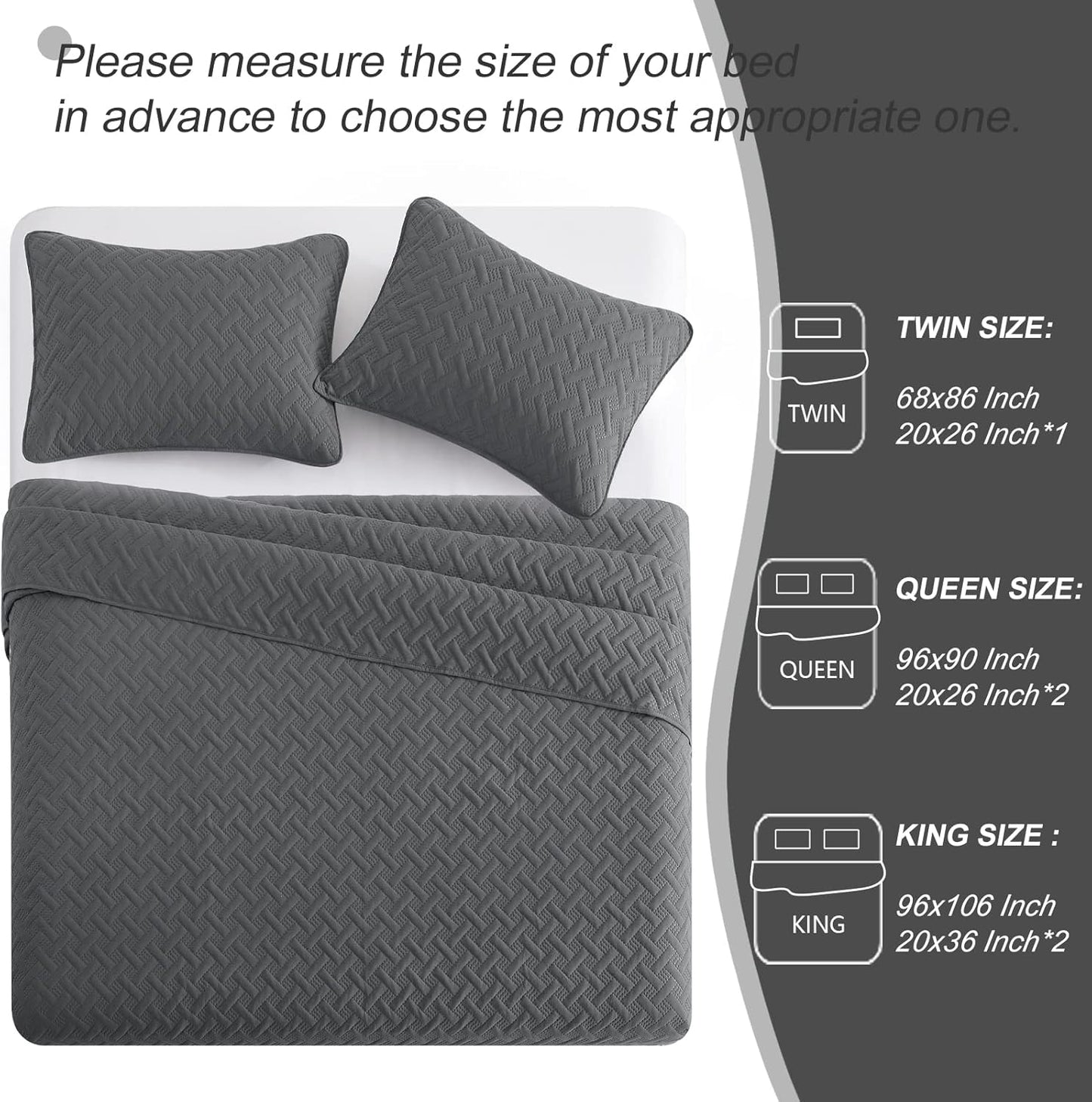 Queen/Full Size Lightweight Soft Quilt Set, 3-Piece Grey Bedspread Coverlet Bedding for All Seasons with Woven Pattern