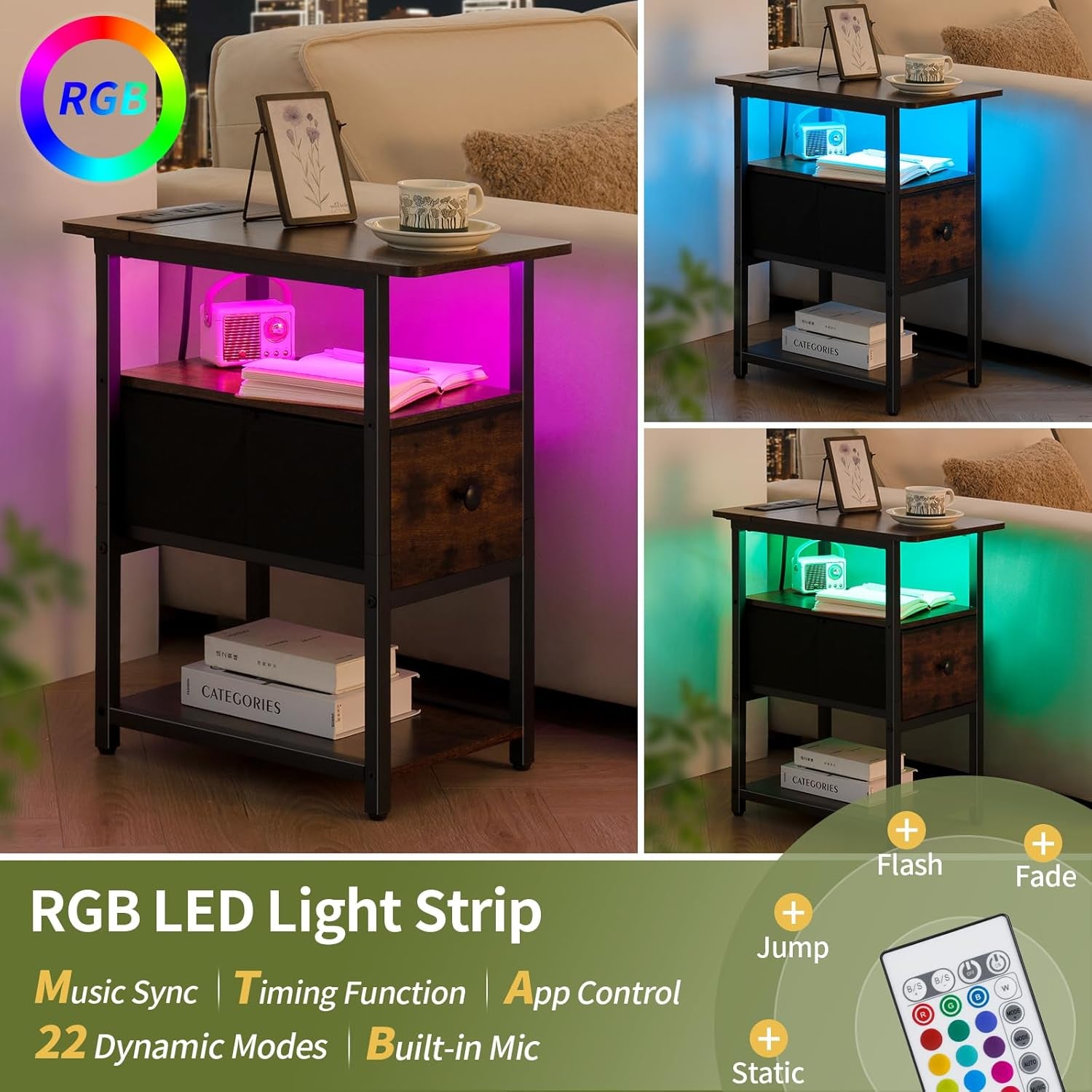 End Table with Charging Station, Narrow Side Table with Adjustable Fabric Drawer, 3-Tier End Tables Living Room, Small Nightstand with Outlets, LED Skinny Night Stand for Bedroom Small Spaces