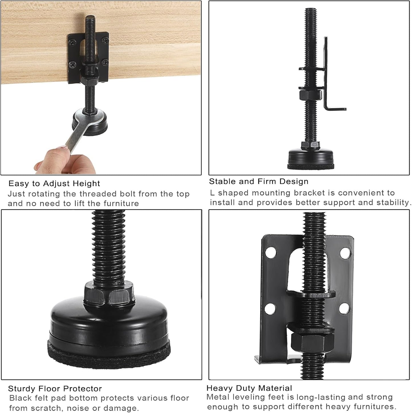 8-Piece Heavy-Duty Adjustable Leveling Feet, 4.7" Metal Levelers for Furniture, Tables, Cabinets, Workbenches, and Wardrobes - Black