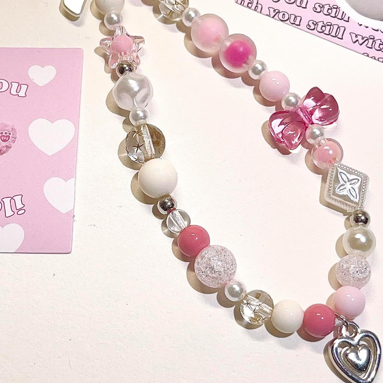 Pink Beaded Phone Charm Aesthetic Y2K Cell Phone Charms Strap Accessories for Keychain Camera
