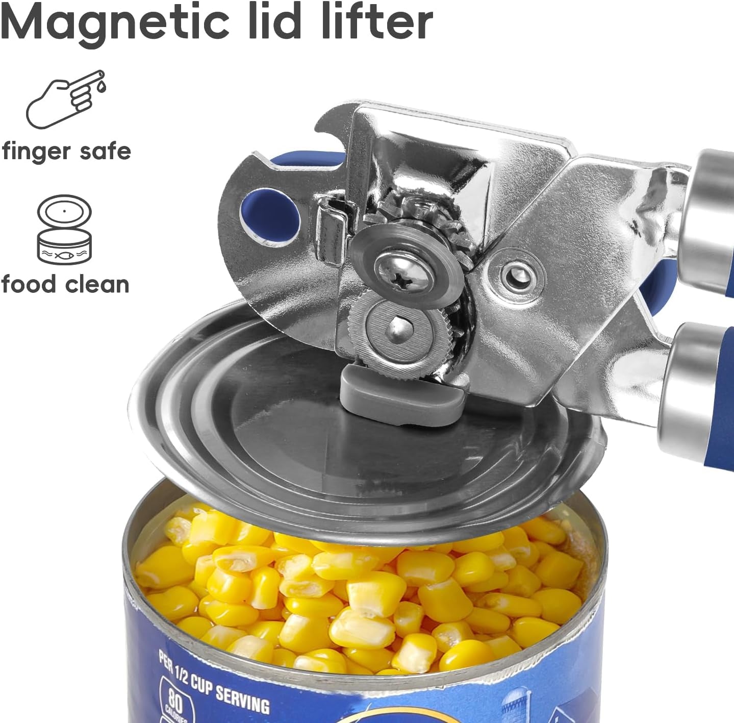 Can Opener Manual,  Hand Held Manual Can Openers Heavy Duty with Smoother Cut Sharp Blade, Manual Hand Can Open with Soft Handle, Easy to Turn Knob, Magnetic Lid Lifter, Blue