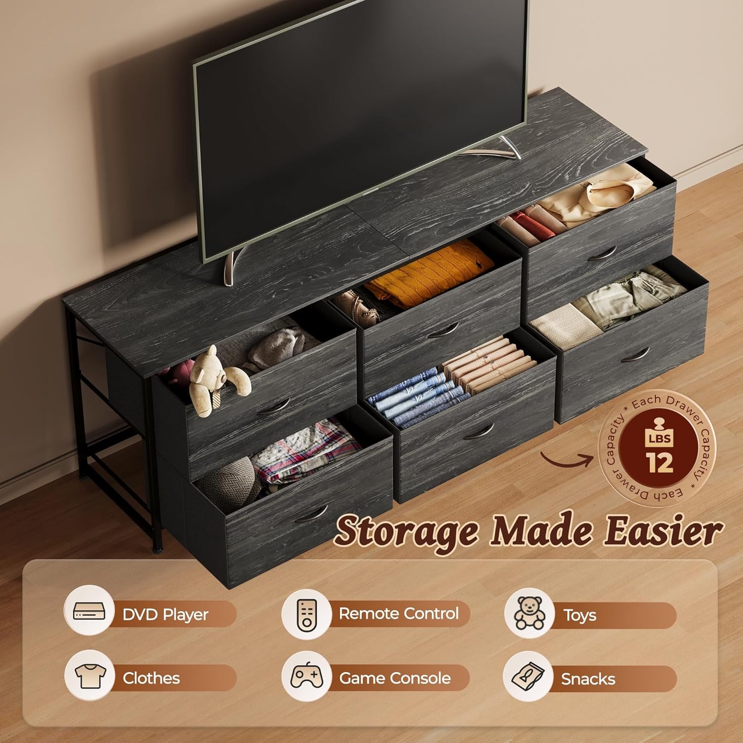 63-Inch Dresser and TV Stand for 55-70 Inch TVs, 6-Drawer Storage Organizer with Fabric Drawers, Charcoal Black Wood Grain Finish for Bedroom and Entryway
