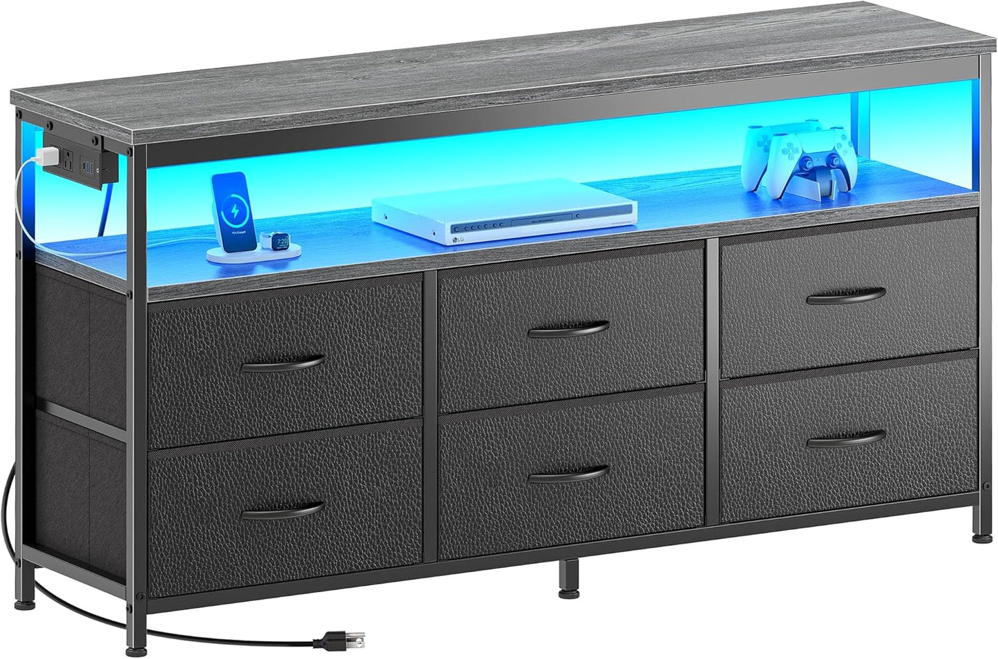 LED TV Stand with Storage for Bedrooms and Living Rooms, 47-Inch Entertainment Center for 43, 50, and 55-Inch TVs, Grey and Black Design with Power Outlets and 6 Drawer Fabric Dresser