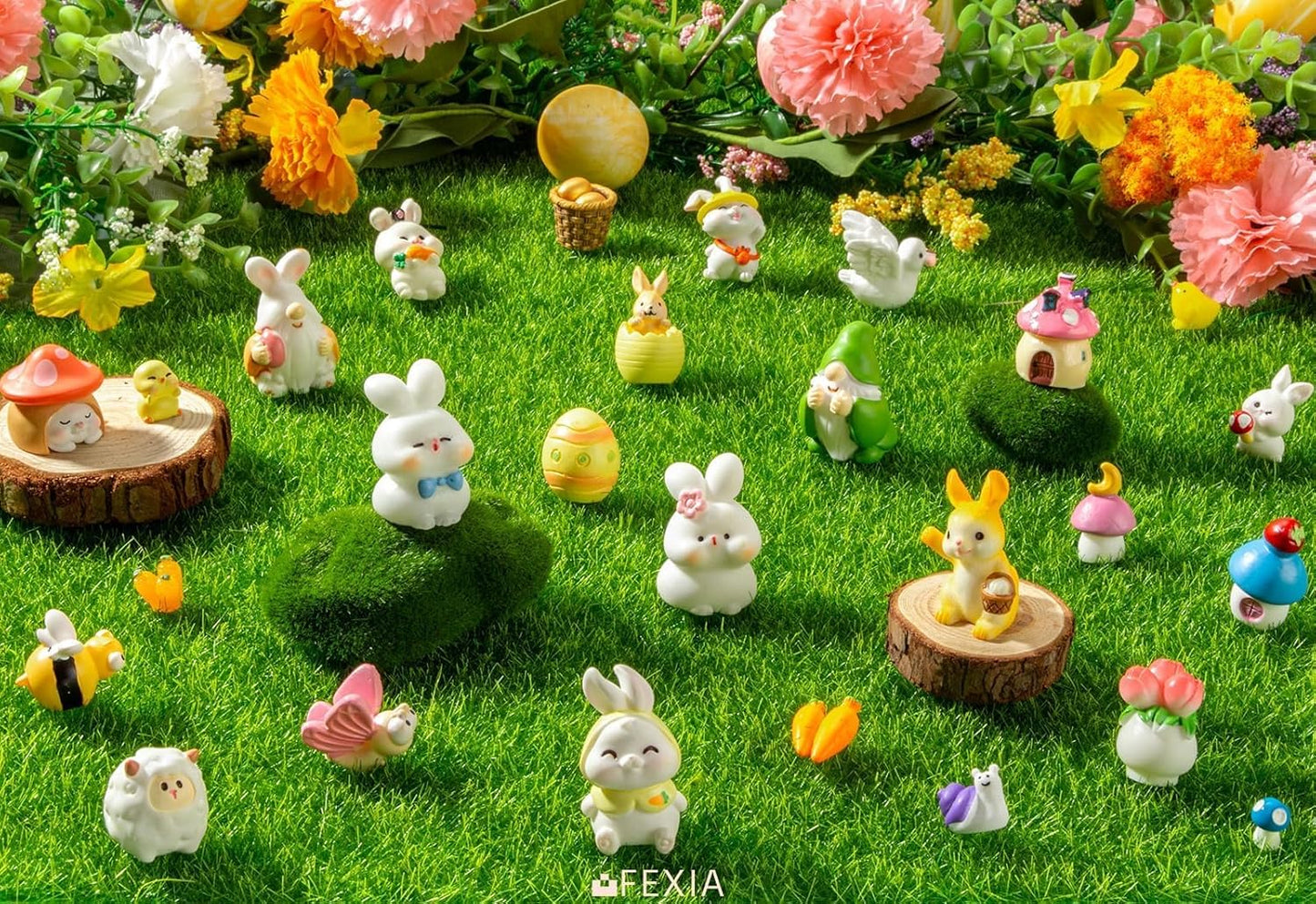 Mini Easter Rabbit Figurines Easter Bunny Rabbit Gnomes Figures to Hide Tiny Resin Animal Miniatures Carrots for Egg Stuffers Gift Fairy Garden Cake Topper Decor