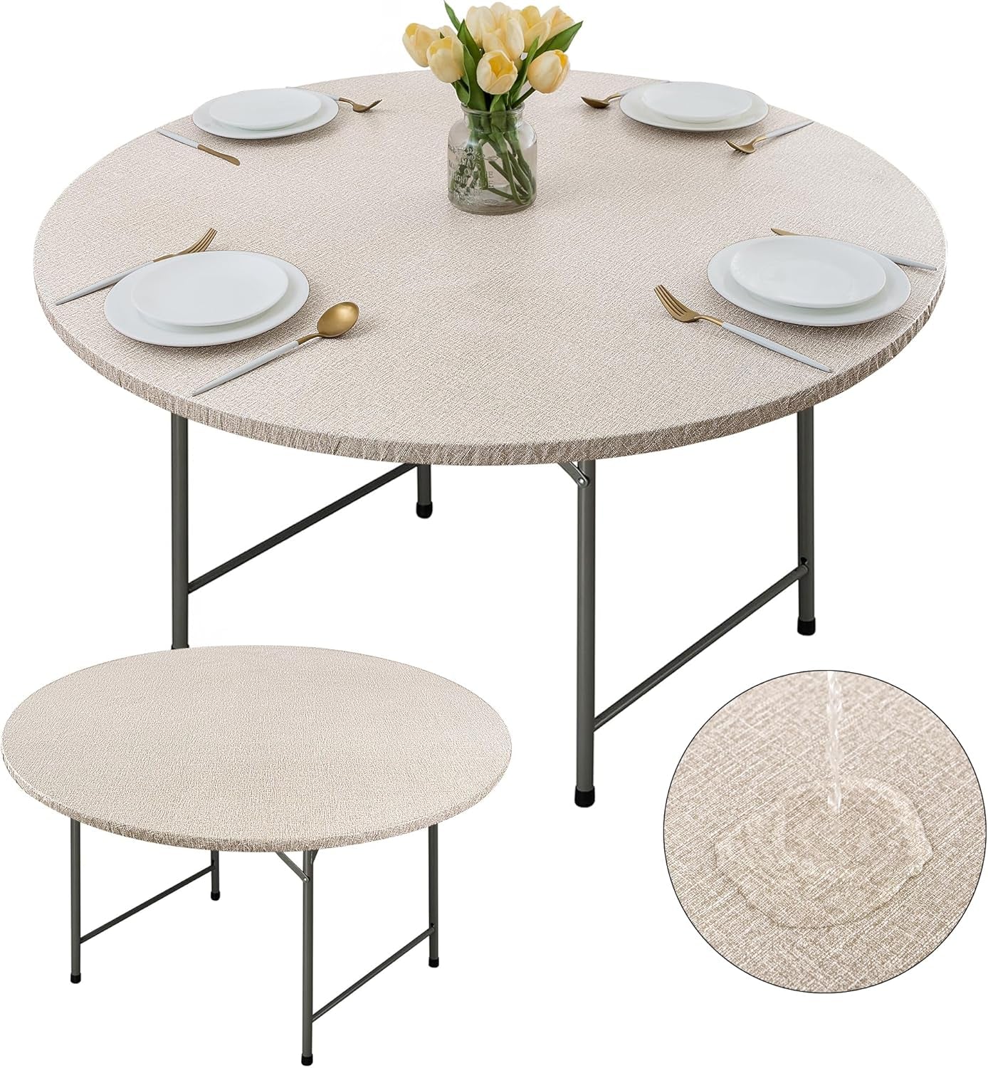 2-Pack Faux Linen Round Table Covers with Flannel Backing, Waterproof Vinyl Fitted Elastic Tablecloths for Picnics, Parties, and Indoor Dining (Fits 45"-56" Round Tables)