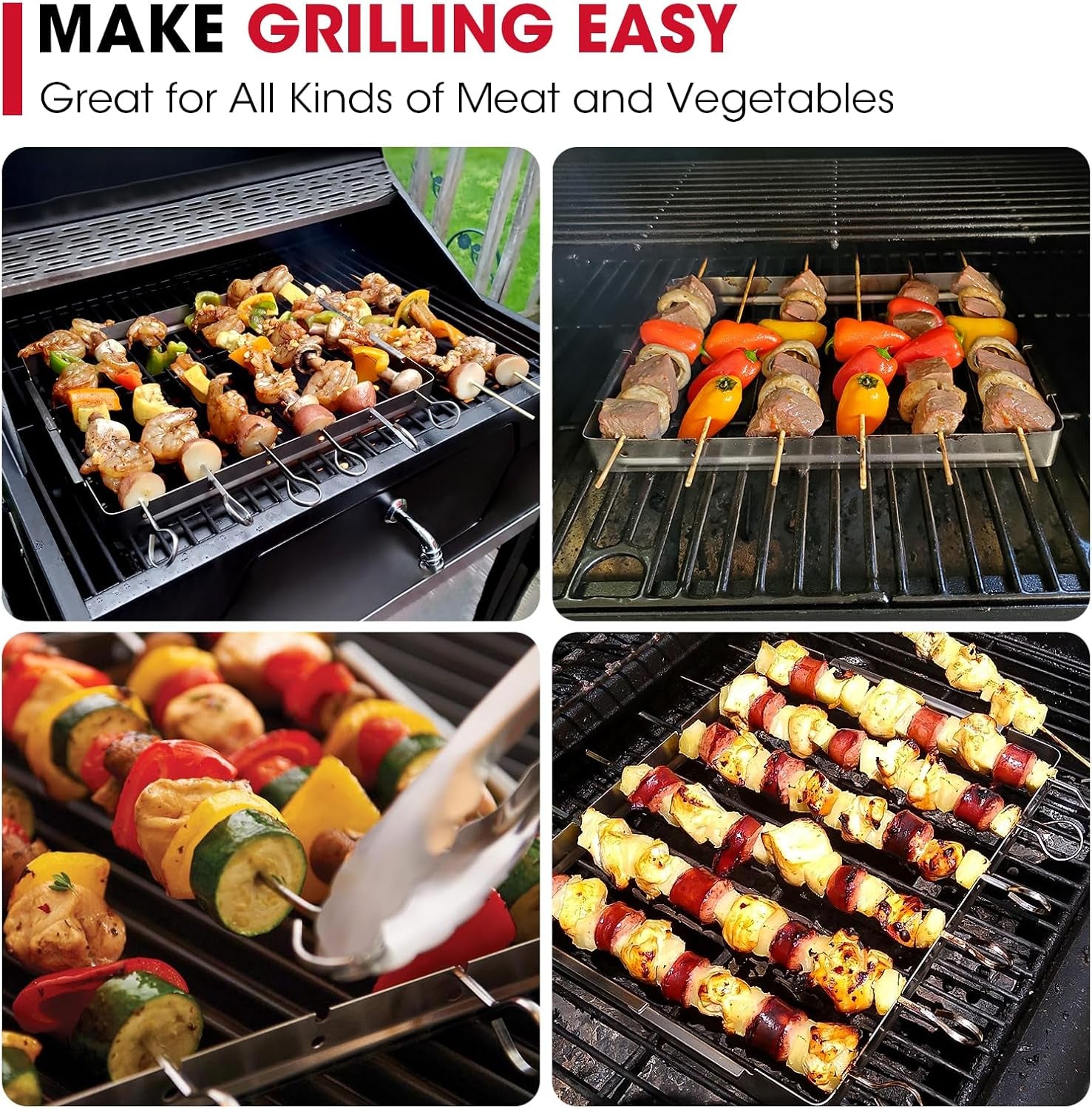 Stainless Steel BBQ Shish Kabob Set, Foldable Shish Kabob Holder with 6Pcs 13"L Skewers, Reusable Grill Rack, Comes with 30Pcs 12.5"L Bamboo Skewers for Party and Cookout