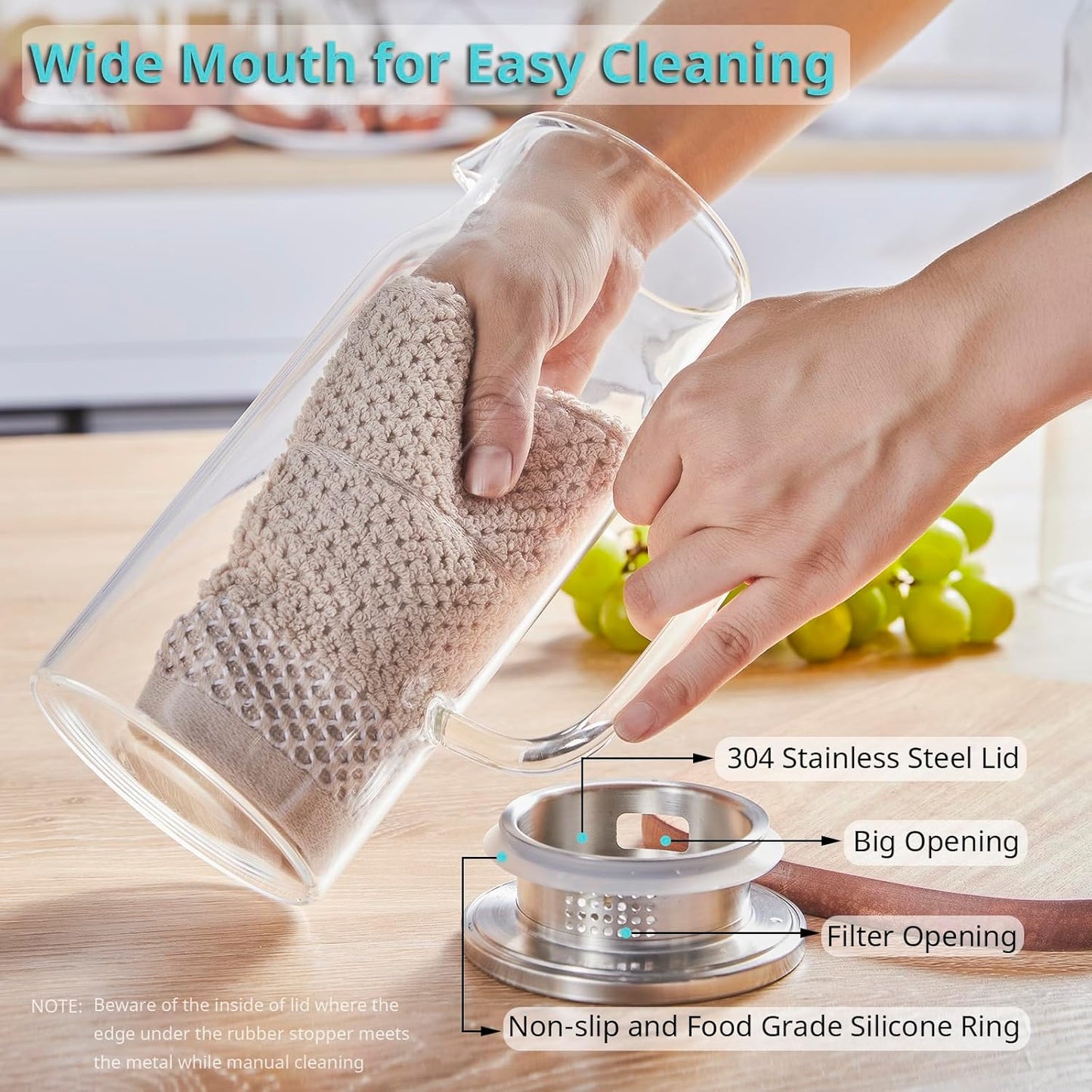 1.2 Liter 40 Oz Small Glass Pitcher with Lid and Handle, Glass Carafe for Hot/Cold Water, Iced Tea Jug for Coffee, Juice and Homemade Beverage