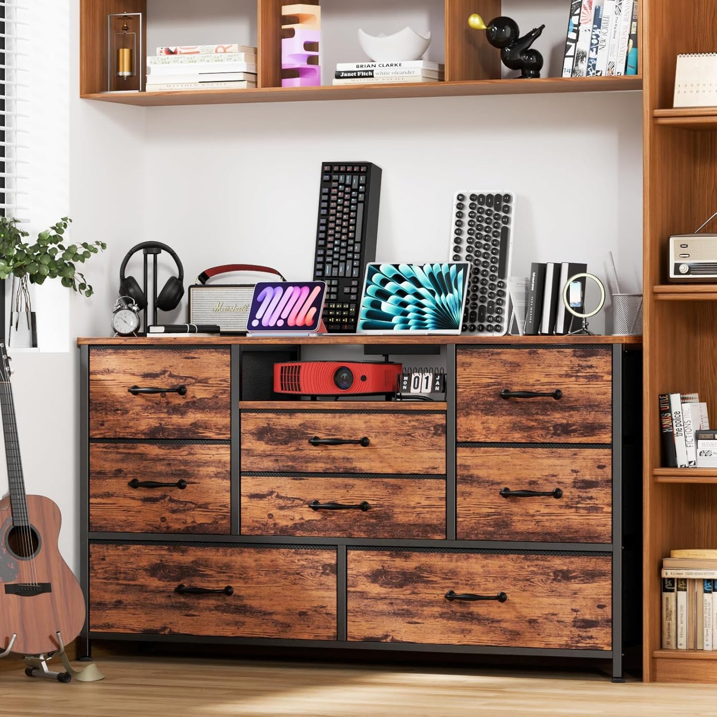 Rustic Brown Bedroom Dresser and TV Stand with 8 Drawers, Power Outlets, and Wood Desk Top - Versatile Storage Solution for Closet and Living Room