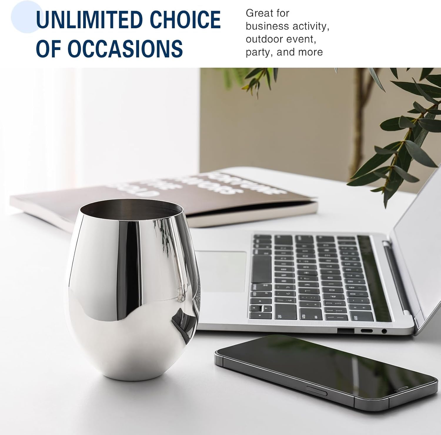 Stemless Stainless Steel Wine Glasses Set of 4, 18Oz Unbreakable Metal Wine Glass, Fancy, Unique Wine Goblets for Outdoor, Travel, Camping and Pool, Ideal Gift for Wine Lovers (Silver)