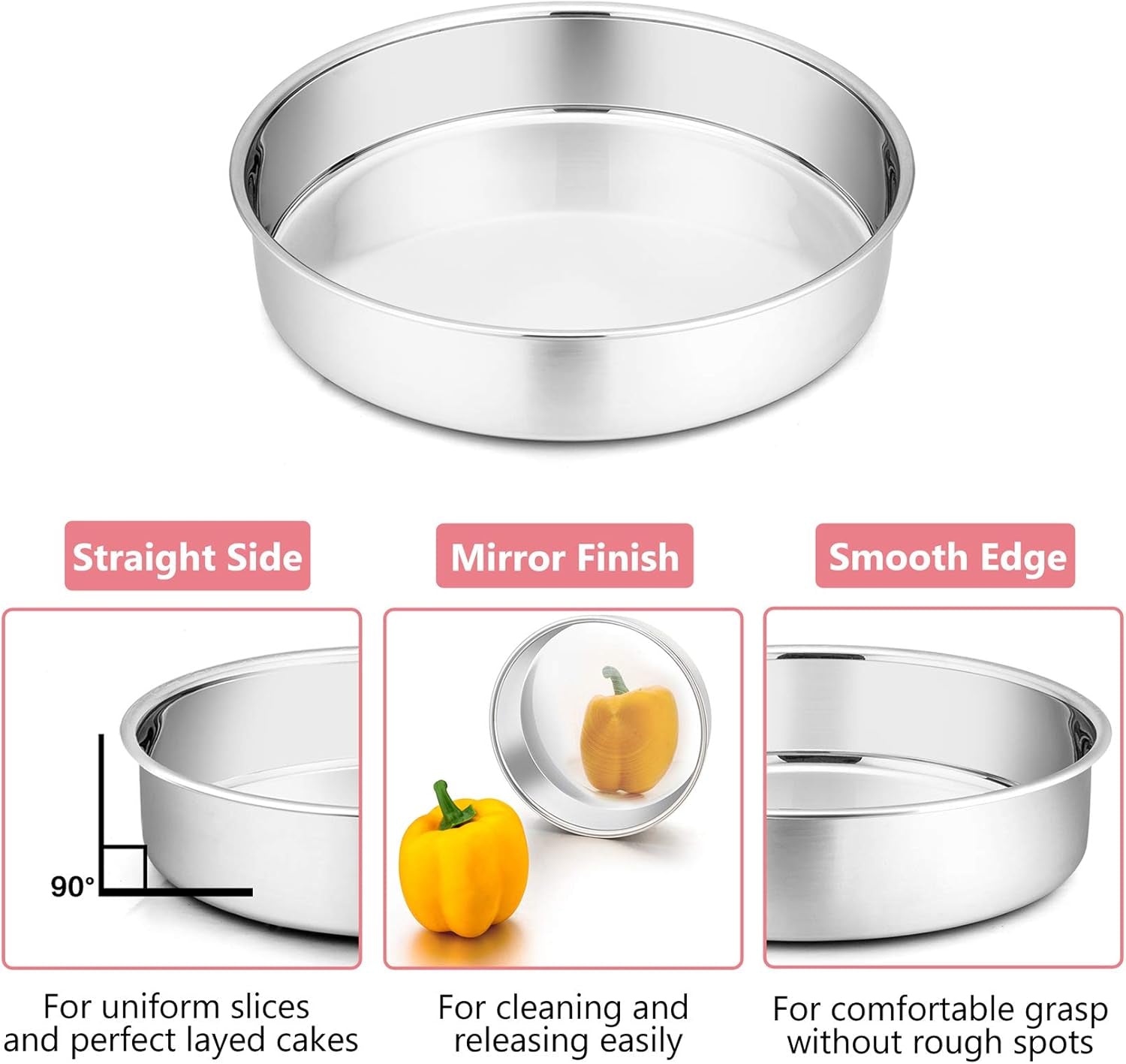 Cake Pan Set of 3, 4" + 6" + 8" round Baking Layer Tier Cake Pans Tins, Stainless Steel Bakeware for Birthday Weeding, Heavy Duty & Non Toxic, Mirror Finish & Dishwasher Safe