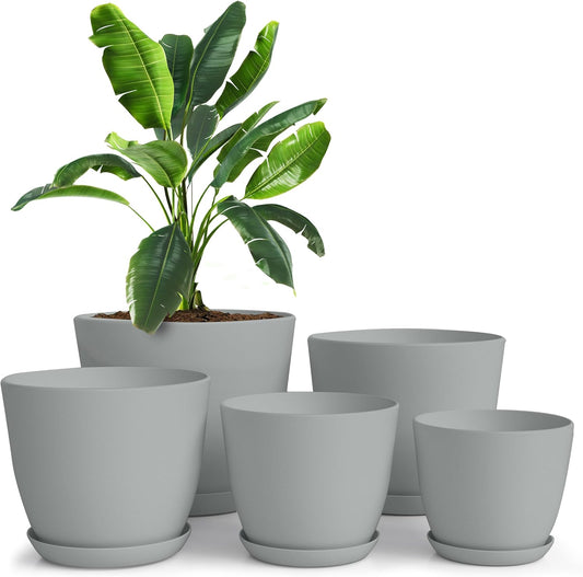 - Plant Pots Indoor with Drainage - 7/6.6/6/5.3/4.8 Inches Flower Pots for Indoor Planter - 5 Pack Plastic Planters - Ideal for Stocking Stuffers or Home Christmas Decorations - Gray