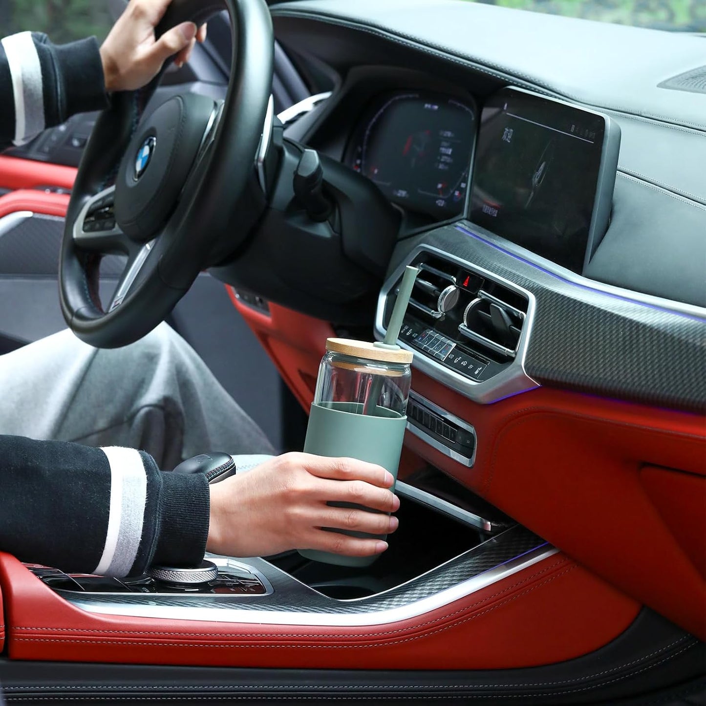 20 OZ Glass Cups with Bamboo Lids and Straws - Beer Can Drinking Glasses with Silicone Protective Sleeve Set, Iced Coffee Glasses, Cute Tumbler Cup for Water, Tea, Gift - Cambridge Blue, Amber